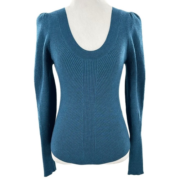 Rebecca Taylor structured sweater size XS blue ribbed 88% wool statement sleeve - Picture 1 of 12